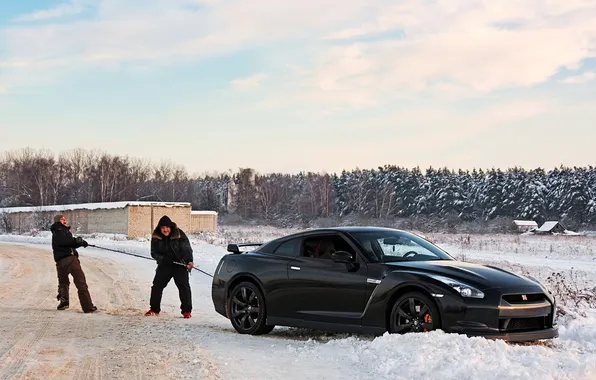 Picture winter, landscape, Nissan GT-R, black.