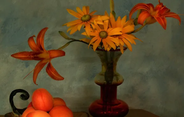 Picture bouquet, petals, vase, still life, apricots
