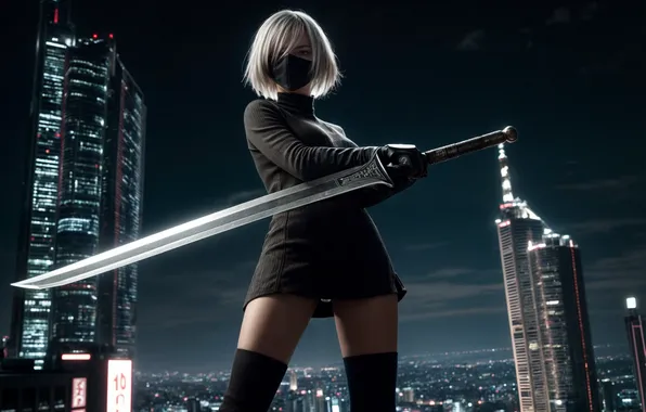 Girl, the city, sword, YoRHa No.2 Type B, the image is generated by AI