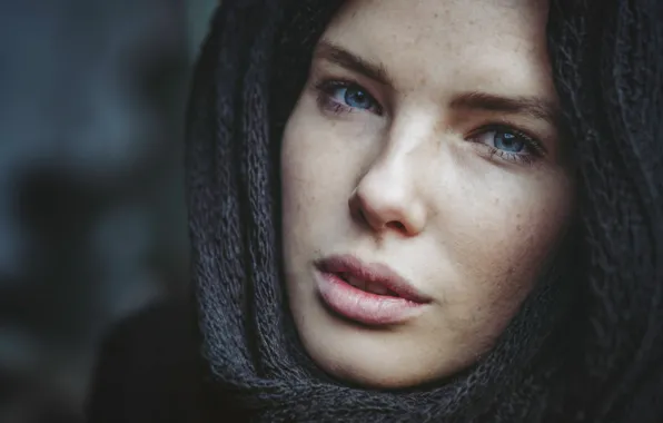 Picture girl, blue eyes, beauty, face, scarf, Martin Tim