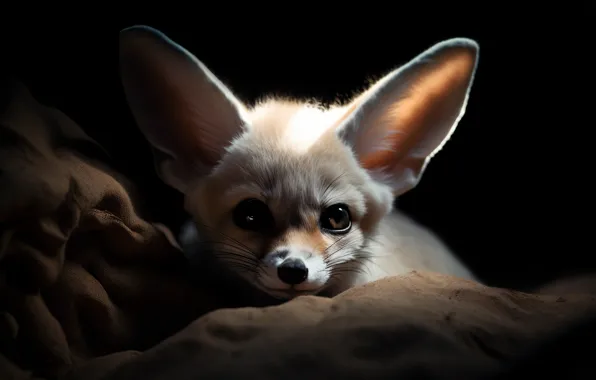 The dark background, portrait, Fox, face, cub, Fenech, digital art, Fenech