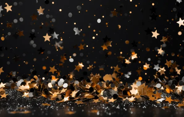 Stars, lights, Shine, sequins, Christmas, New year, black background, gold plated