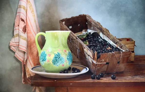 Berries, table, towel, plate, black, hole, pitcher, still life