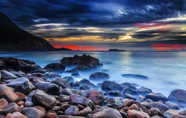 Sea, the sky, clouds, sunset, clouds, nature, stones, rocks