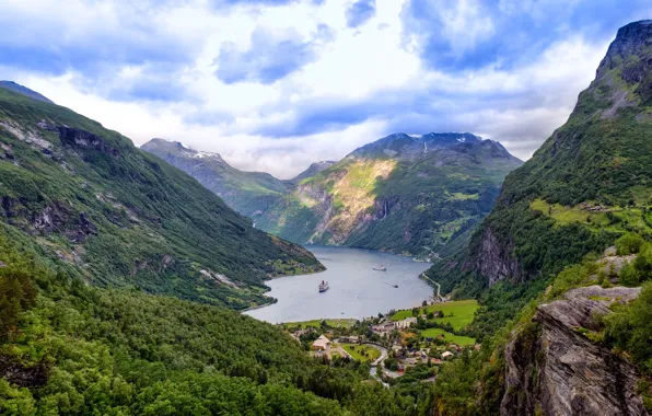 Forest, the sky, clouds, trees, mountains, stones, rocks, ship