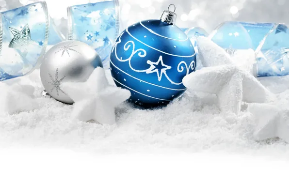 Picture snow, decoration, holiday, balls, toy, new year, stars, ribbon