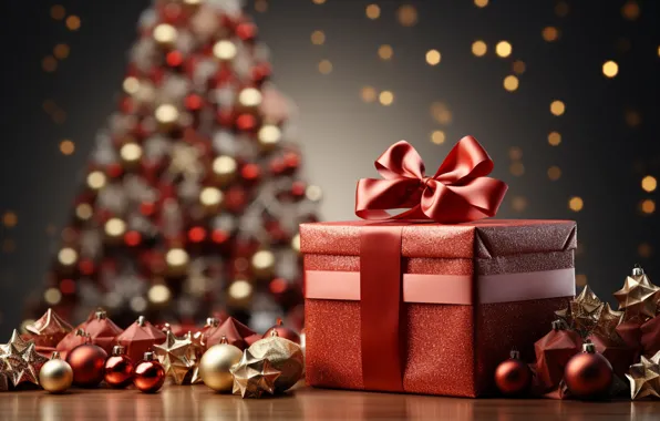 Balls, lights, box, gift, Shine, Christmas, gifts, New year