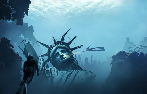 Picture Water, Statue, USA, The Statue Of Liberty, United States, Digital art, Post-Apocalypse, The Statue of …