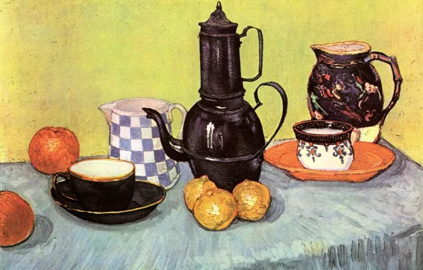 Table, apples, kettle, lemons, Vincent van Gogh, Earthenware and Fruit, Still Life Blue Enamel Coffeepot