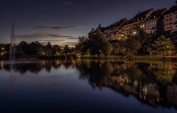 Trees, lake, reflection, building, home, Switzerland, fountain, night city