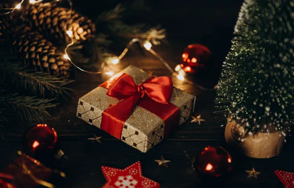 Winter, balls, light, night, red, the dark background, table, holiday