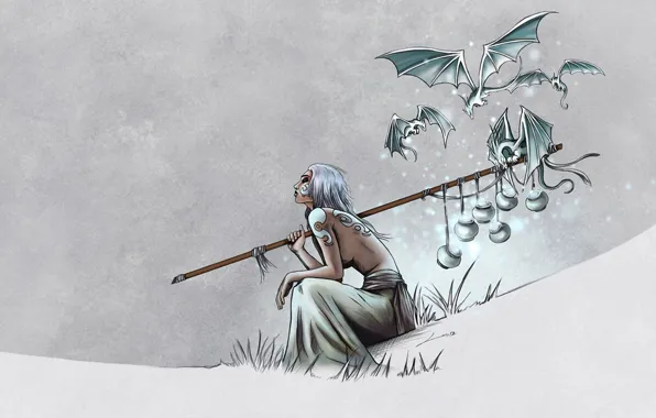 Girl, snow, magic, elf, dragons, tattoo, art, sparks