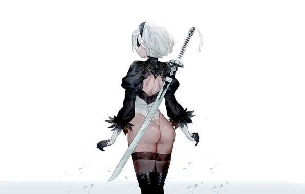 Picture sword, ass, weapon, thong, white background, rear view, Nier Automata