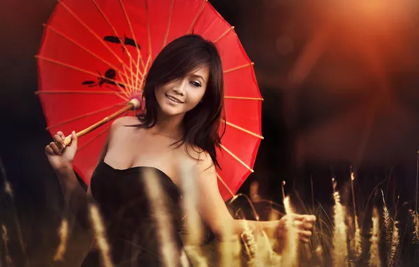 Girl, red, smile, model, umbrella, Asian