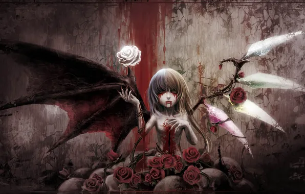 Picture girl, blood, roses, wings, spikes, vampire, Touhou