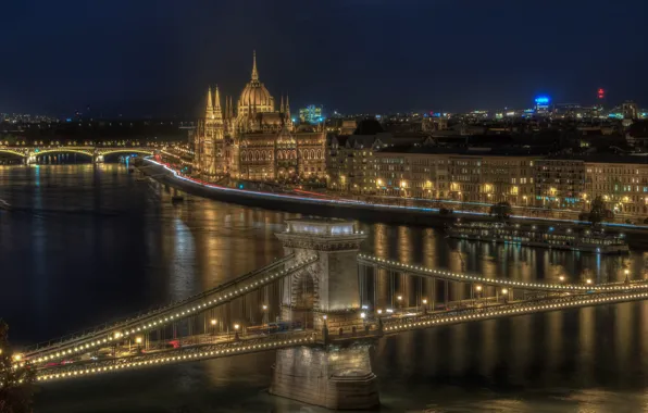 River, building, bridges, night city, promenade, Hungary, Hungary, Budapest