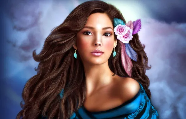 Flower, girl, roses, earrings, feathers, brunette, long hair