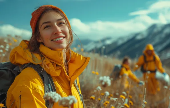 Flowers, Girl, Mountains, Smile, People, Digital art, AI art, The Art of Artificial Intelligence