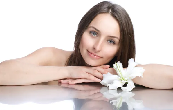 Picture white, flower, girl, Lily, brunette, Girl, white, flower