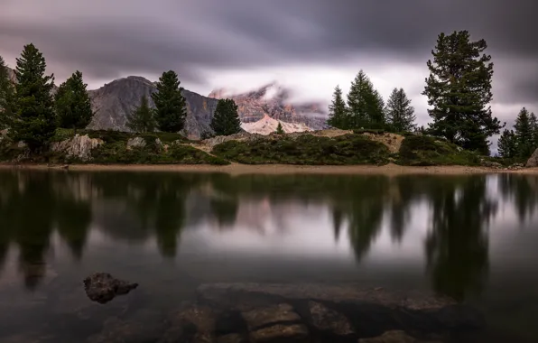 Trees, mountains, lake, reflection, stones