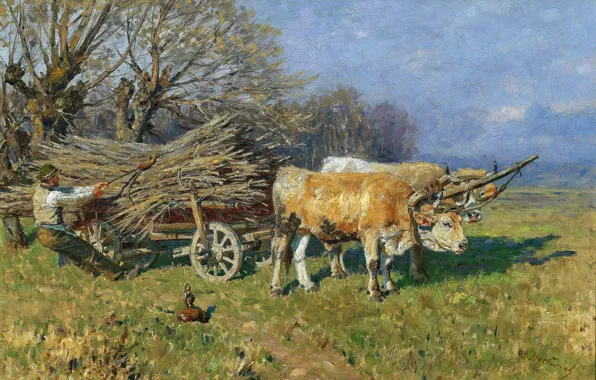 Picture, Male, Bulls, Cart, Bulky cargo, Bulky load, Herman Hartwich, German-American artist