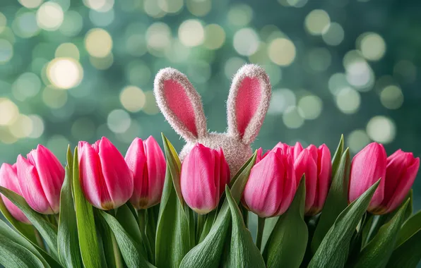 Flowers, lights, holiday, bouquet, spring, rabbit, Easter, tulips