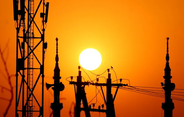 The sun, sunset, wire, silhouette, tower, support, mast