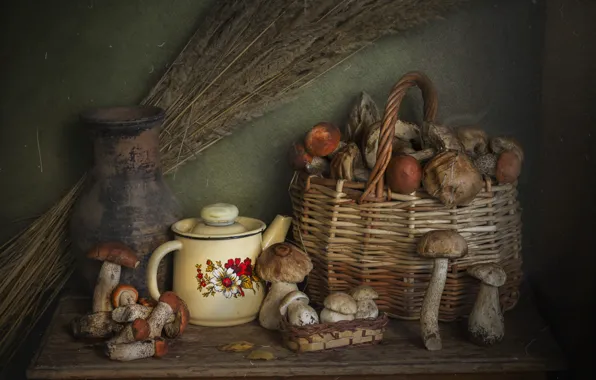 Table, mushrooms, kettle, ears, still life, basket, network, a lot