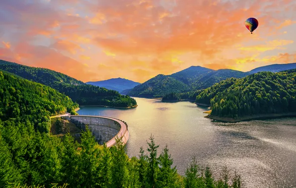 Forest, the sky, trees, mountains, balloon, river, Romania
