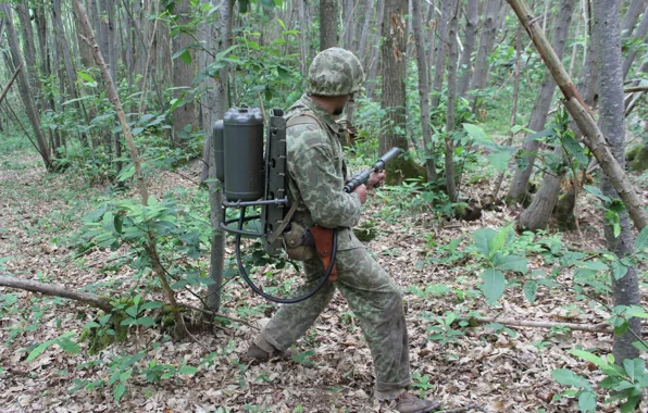 Forest, soldiers, equipment, flamethrower
