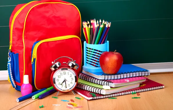 Apple, pencils, alarm clock, bag, notebook, line, satchel, clip