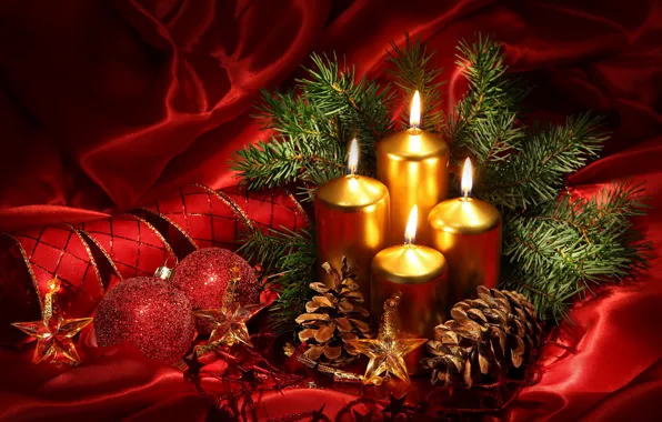 Decoration, red, fire, balls, stars, Candles, Christmas, tape