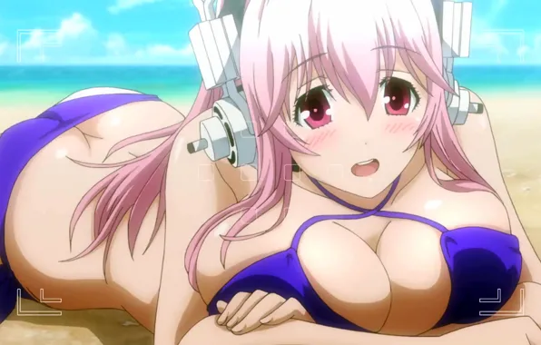 Picture girl, sexy, cleavage, beach, pink hair, long hair, sea, boobs