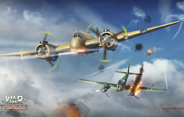 The sky, clouds, flame, fighter, Messerschmitt, British, German, twin-engine