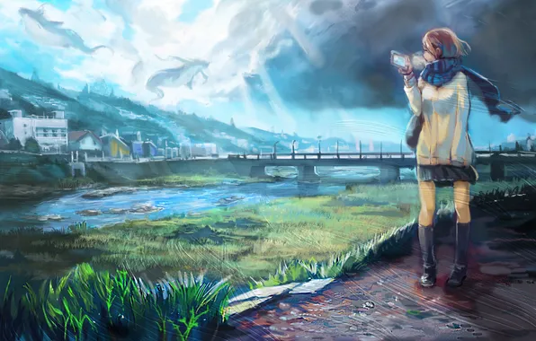 The sky, girl, clouds, the city, river, home, anime, scarf