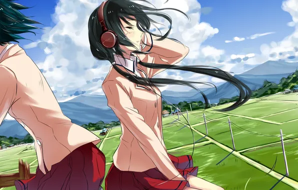 Picture the sky, clouds, nature, bike, girls, field, anime, headphones