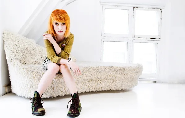 Picture girl, sofa, window, singer, red, sitting, hayley nichole williams