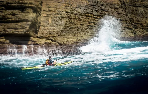 Waves, cliff, troubled sea, paddling, kayaking, paddle, extreme sport, touring kayak