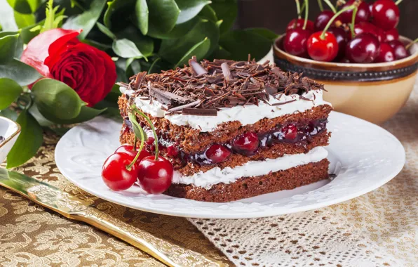 Cherry, berries, rose, chocolate, cake, dessert, sweet, chocolate