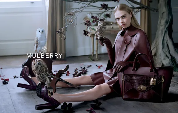 Picture leather, handbag, owls, brand, Mulberry, Cara Delevingne