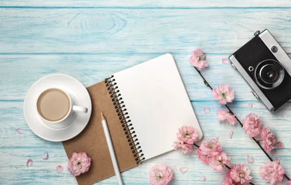 Flowers, coffee, the camera, Cup, Notepad, pencil