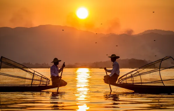 Lake, boats, morning, fishermen, Myanmar, fisherman on boat at early sunrise, lake Intha, Shan state