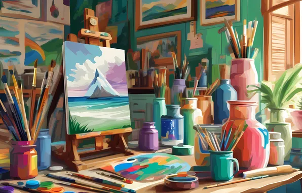 House, brushes, easel