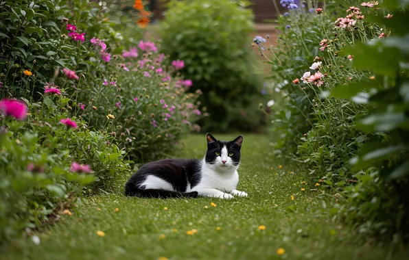 Cat, summer, cat, look, flowers, pose, black and white, garden