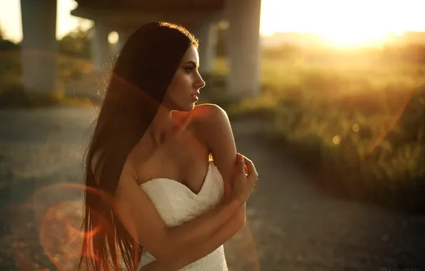The sun, pose, model, portrait, makeup, dress, brunette, hairstyle