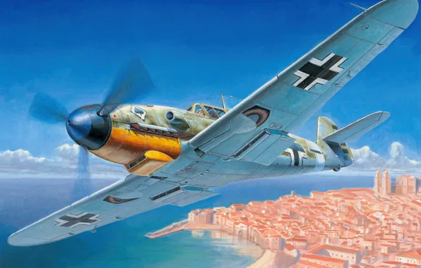 Picture war, art, painting, aviation, ww2, Messerschmitt Bf-109