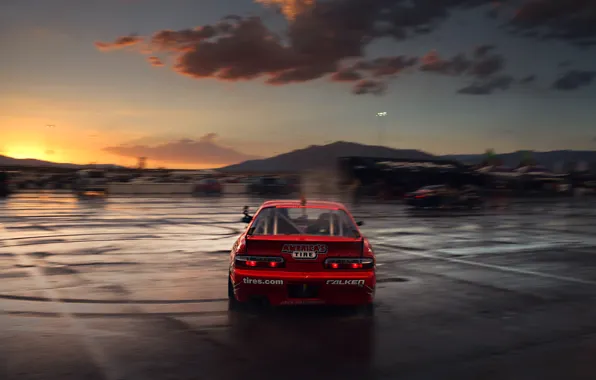 Picture Silvia, Nissan, Red, Drift, Clouds, Sunset, Tuning, S13