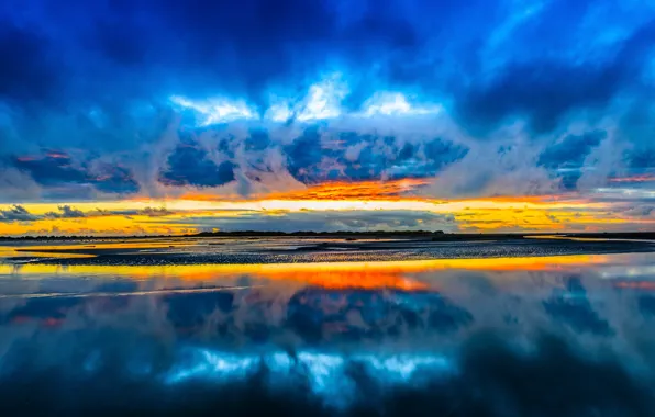 The sky, clouds, sunset, lake, reflection, mirror