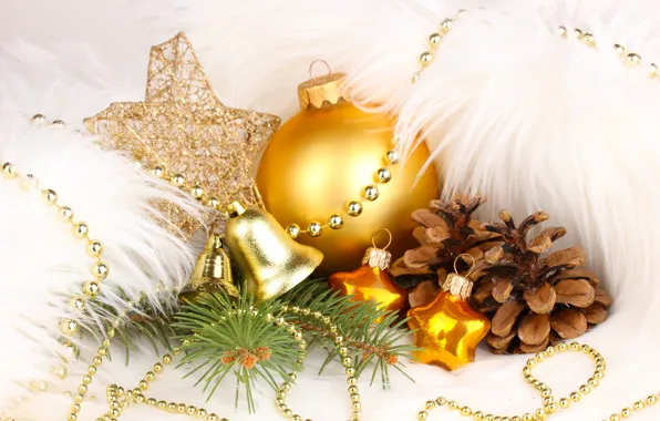 Stars, decoration, toys, ball, New Year, Christmas, gold, bells