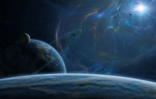 Picture the sun, stars, planet, ring, satellites